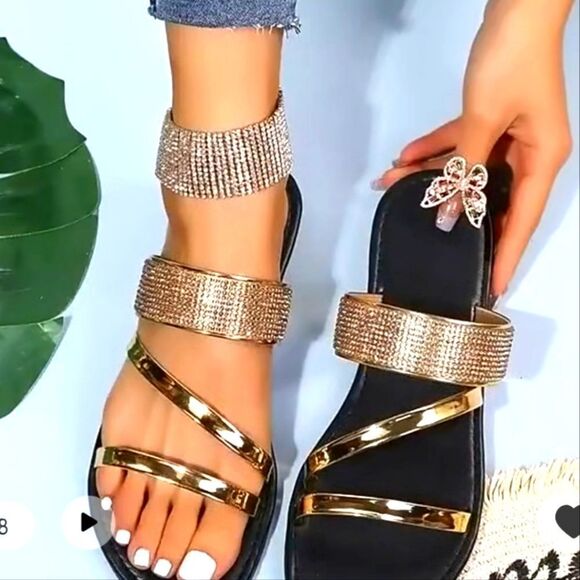 Gold Rhinestone Sandals - Picture 1 of 4